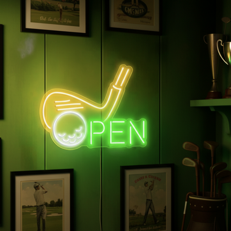 Insegna neon LED scritta OPEN con icona golf