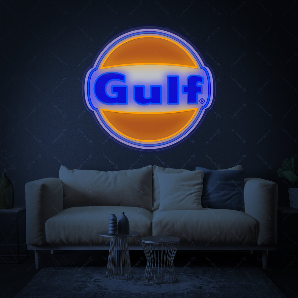 Logo Gulf arancione e blu in insegna neon LED per garage
