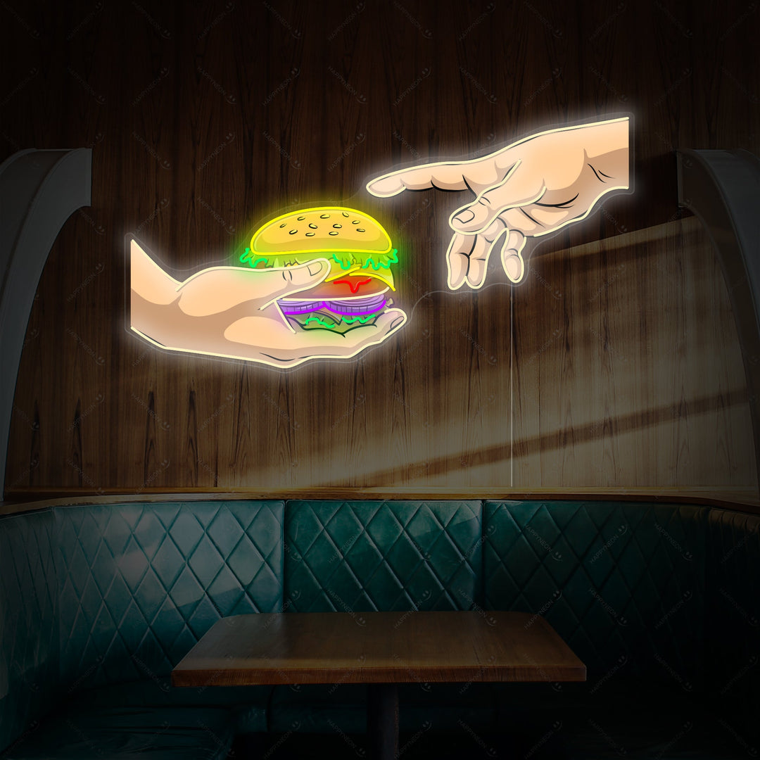 "Mani con l'hamburger" Insegna al neon