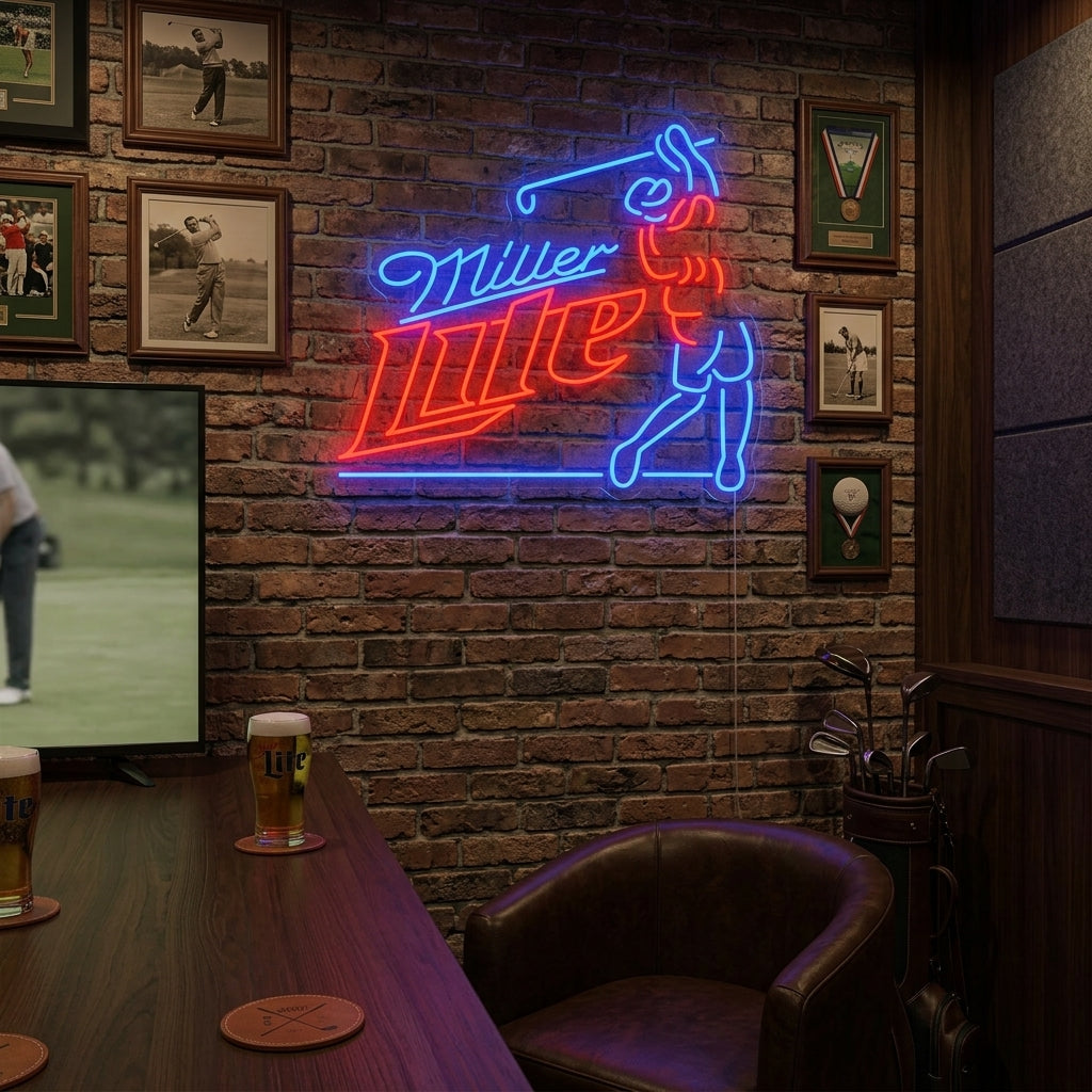 "Logo del golfista e della birra" Insegna al neon