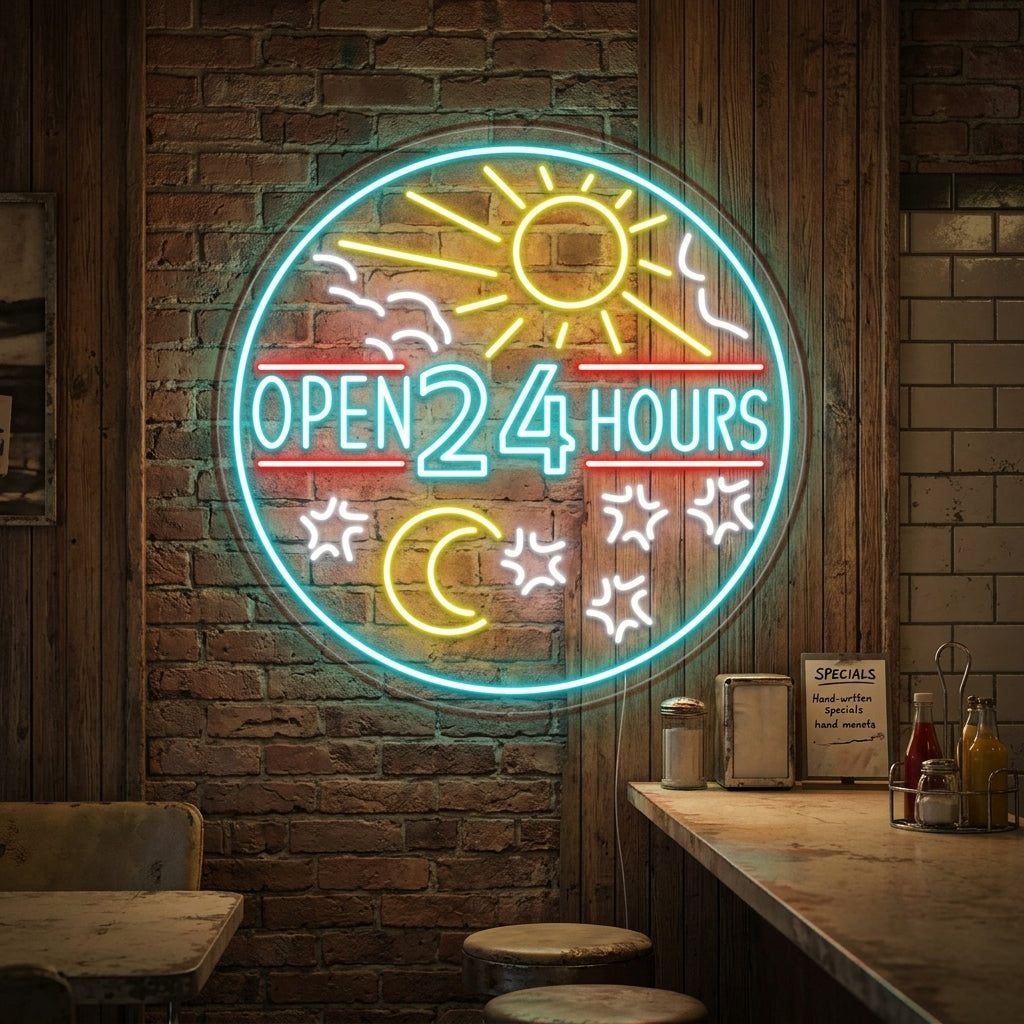 "Open 24 Hours" Insegna al neon