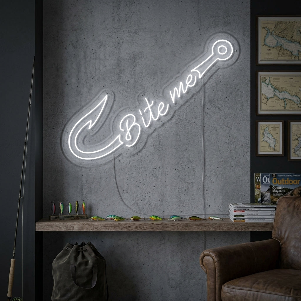 "Esca da pesca, Bite Me" Insegna al neon