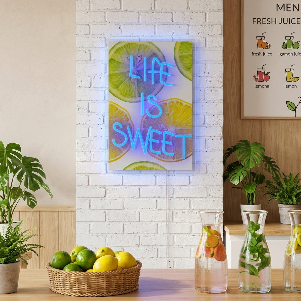 "Life Is Sweet with UV Print Background" Insegna al neon