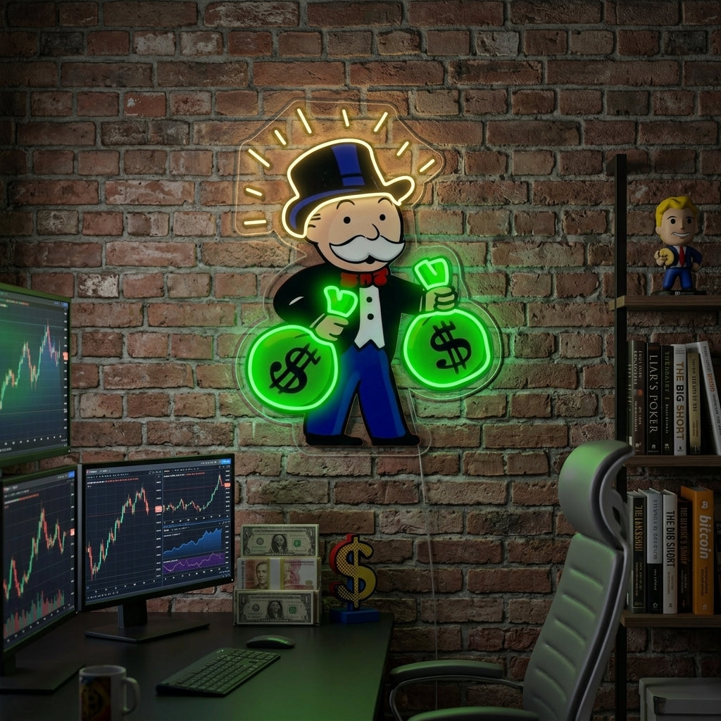 "Uomo Del Monopolio Con Borsa Di Denaro" Insegna al neon