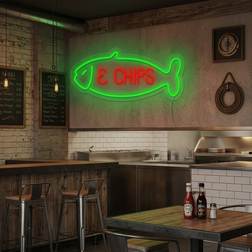"Fish & Chips, pesce" Insegna al neon