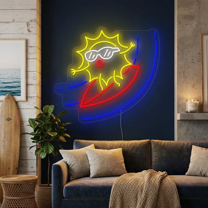 "Cartone Animato Sole Su Tavola Da Surf" Insegna al neon