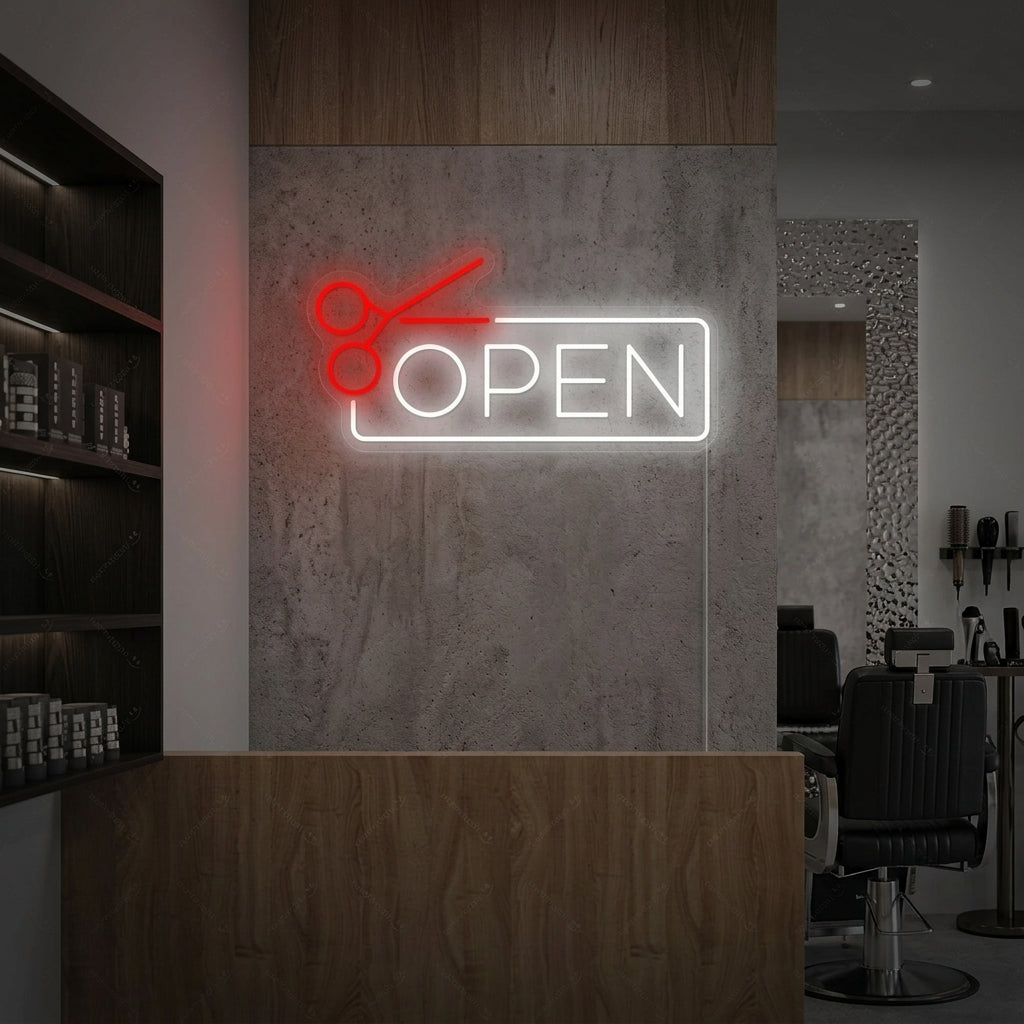 "Barbershop open" Insegna al neon