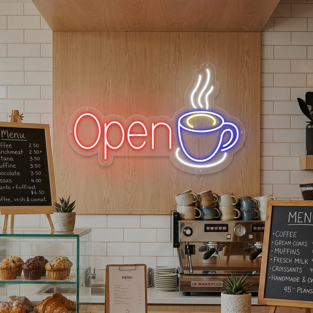 "Open, Tazza da caffè" Insegna al neon