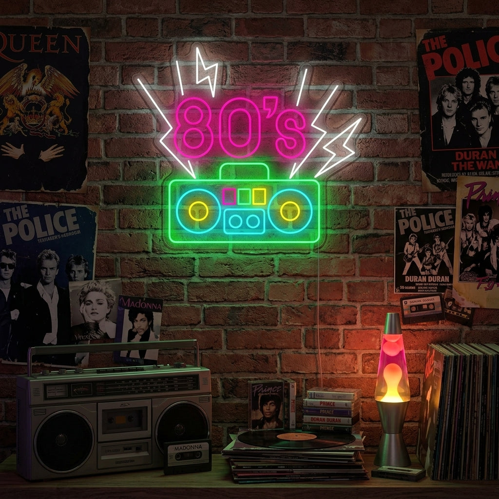 "Lettering anni '80 con lettore di cassette" Insegna al neon
