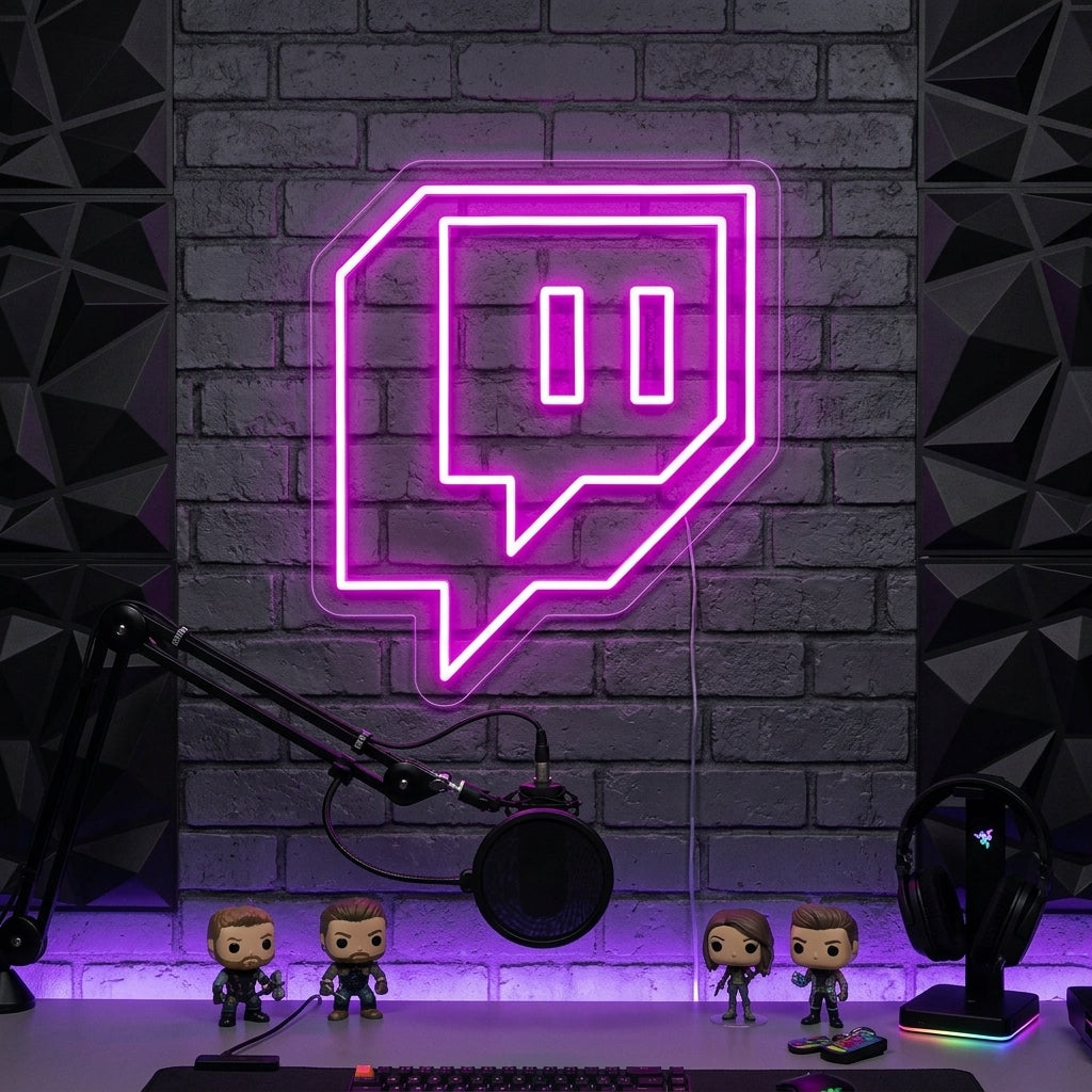 Insegna neon LED viola a forma di icona Twitch sopra postazione PC