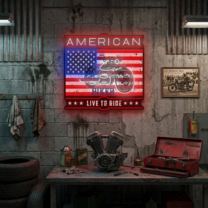 "American Biker Live To Ride" Insegna al neon