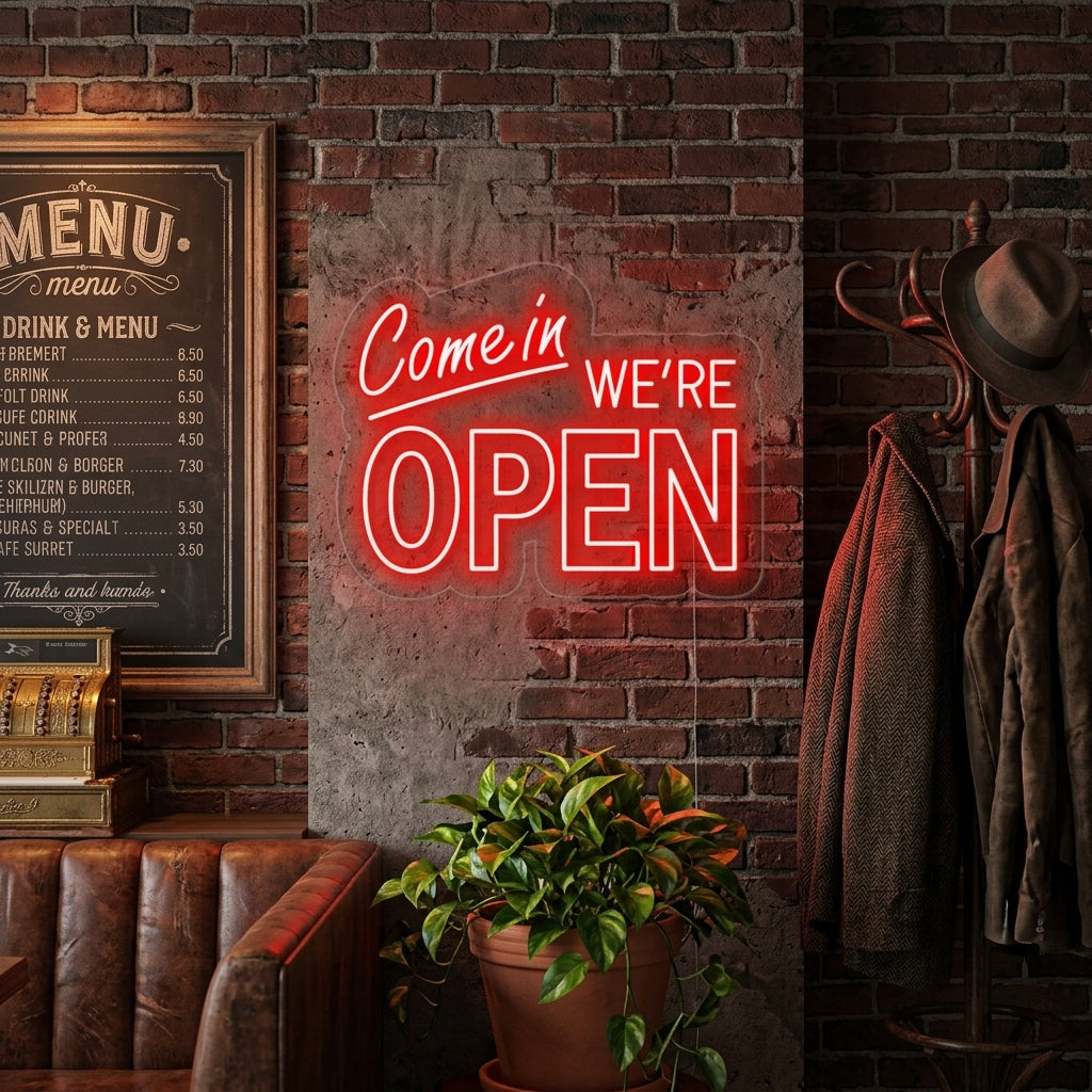 Insegna al neon LED rossa “Come In We’re Open” per negozio o bar