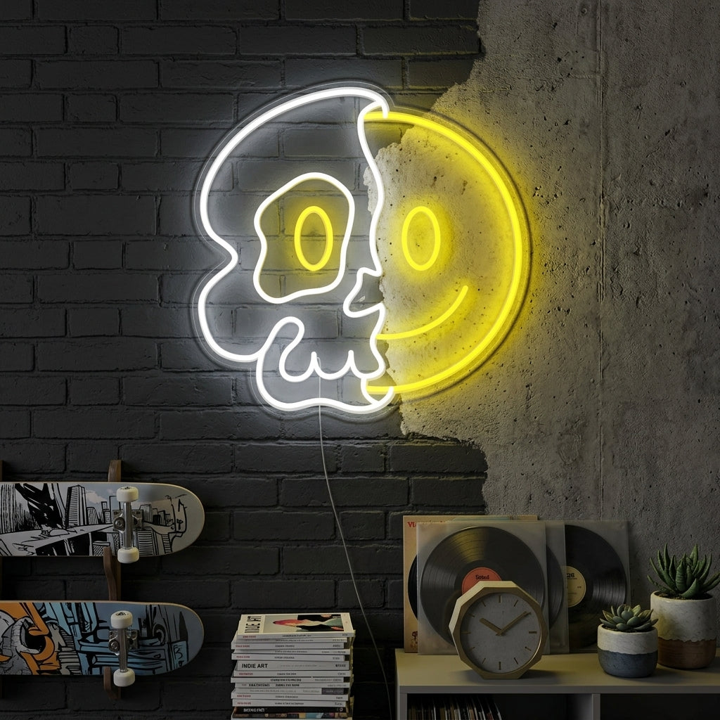 "Mezzo Teschio Con Faccia Sorridente Stampa UV" Insegna al neon