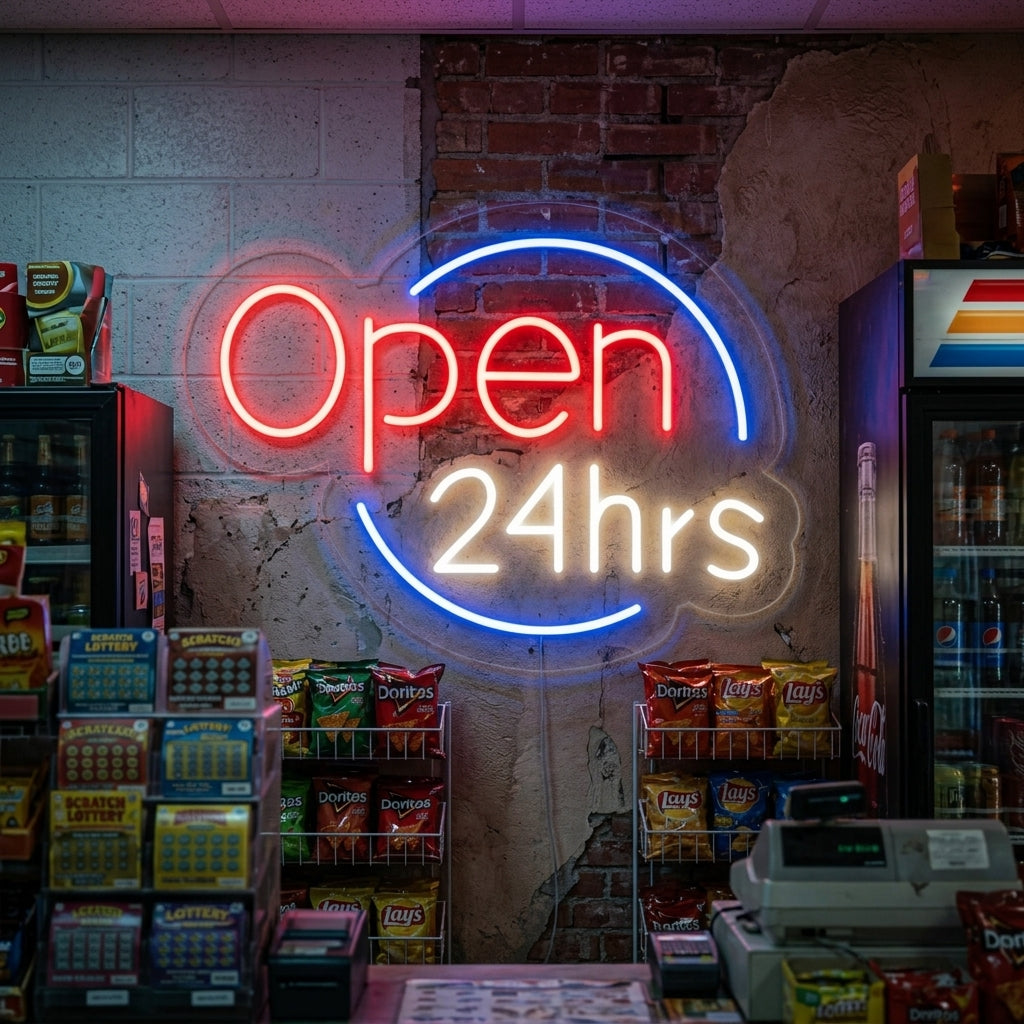 "Open 24 Hrs" Insegna al neon