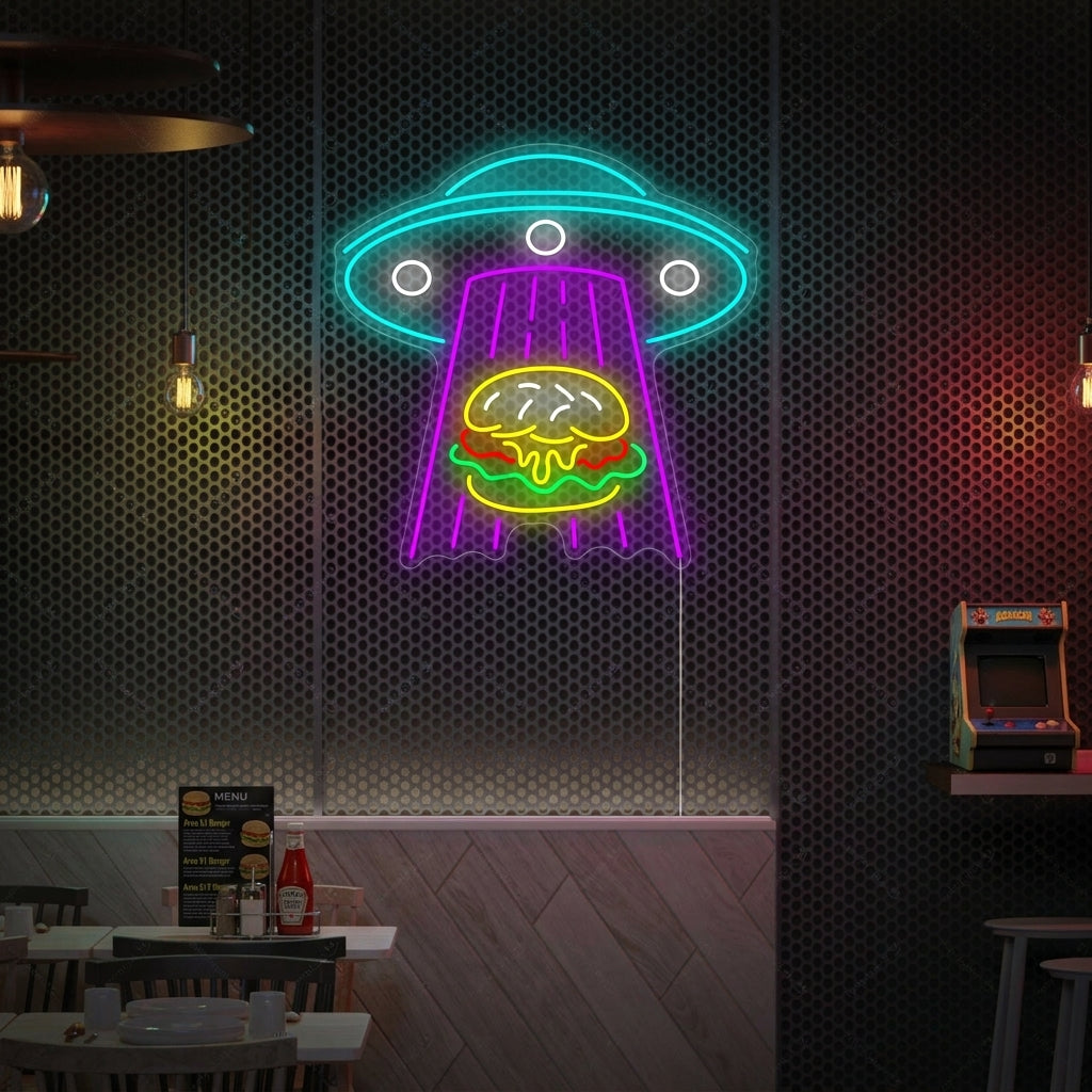 "Burger con rapimento di Ufo" Insegna al neon