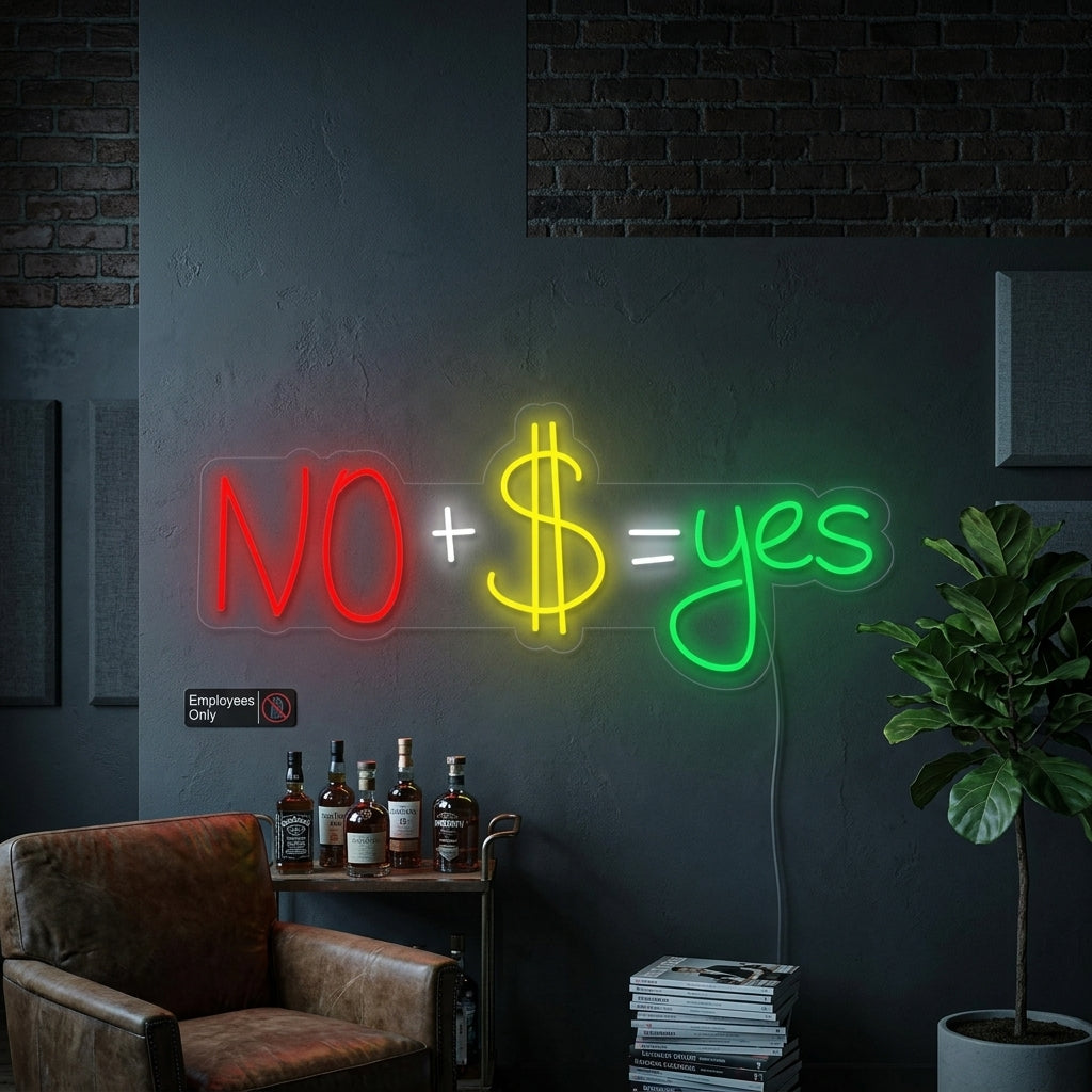 "No + US Dollar = Yes" Insegna al neon