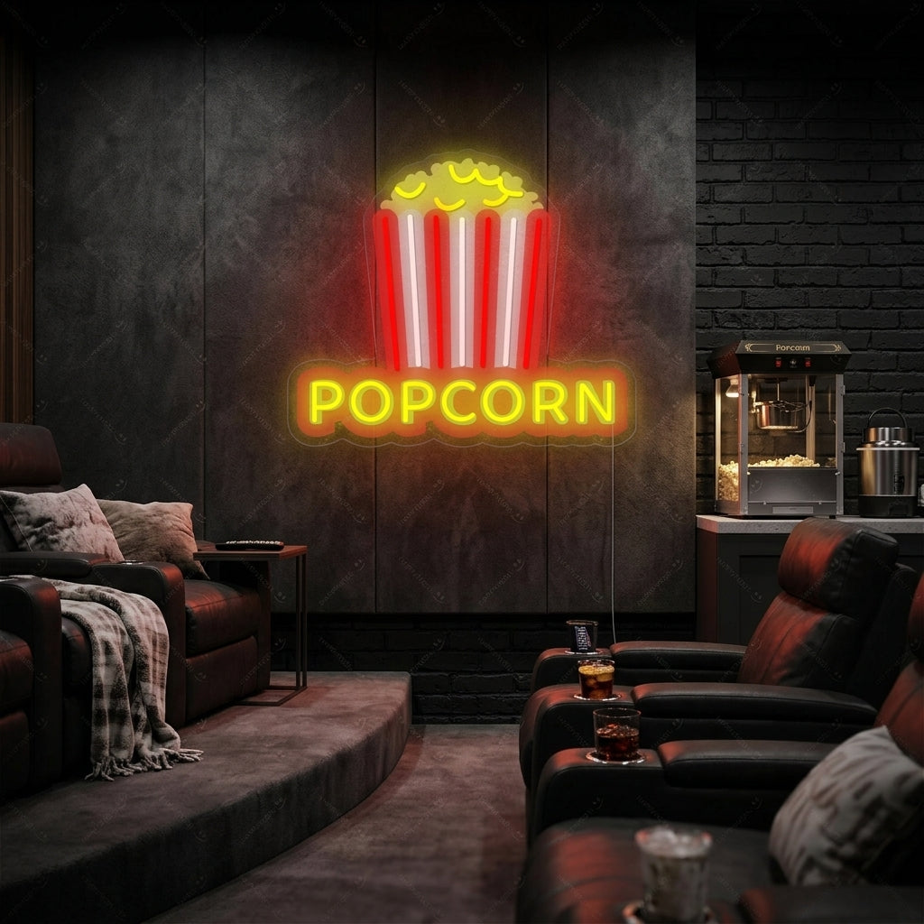 Insegna neon LED scritta POPCORN con icona popcorn