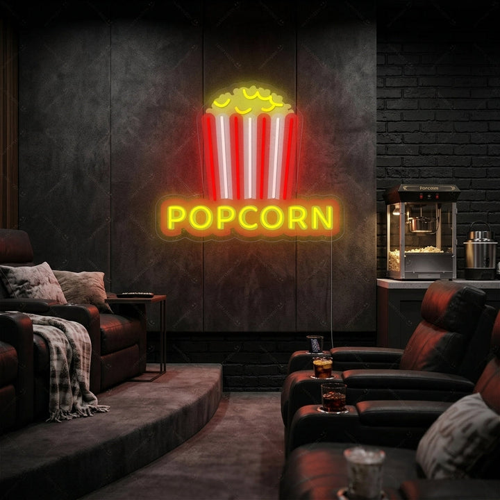 Insegna neon LED scritta POPCORN con icona popcorn