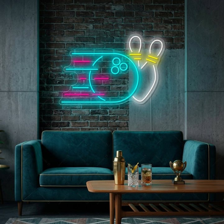 "Palla da bowling che rotola sui birilli" Insegna al neon