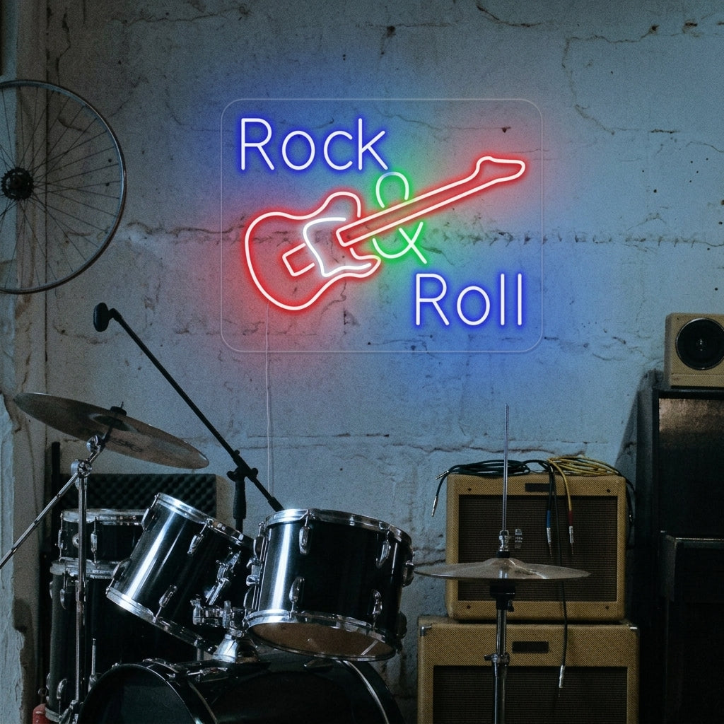 "Rock And Roll, Musica, Chitarra" Insegna al neon