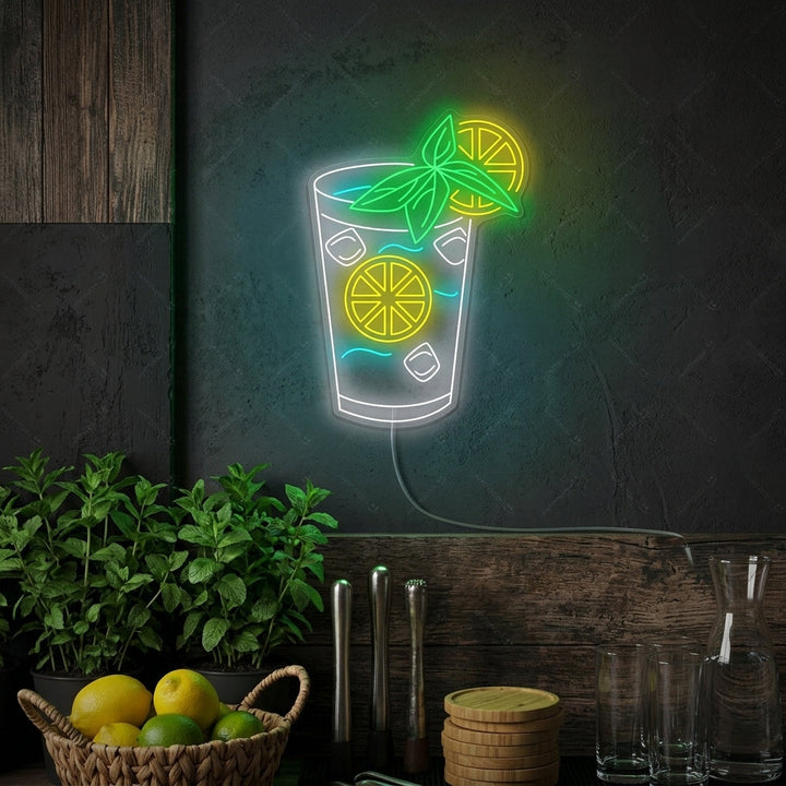 Insegna neon bicchiere di limone giallo e verde