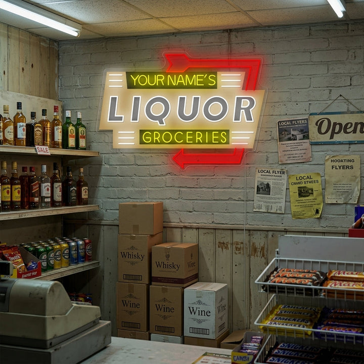"Custom Liquor Groceries" Insegna al neon