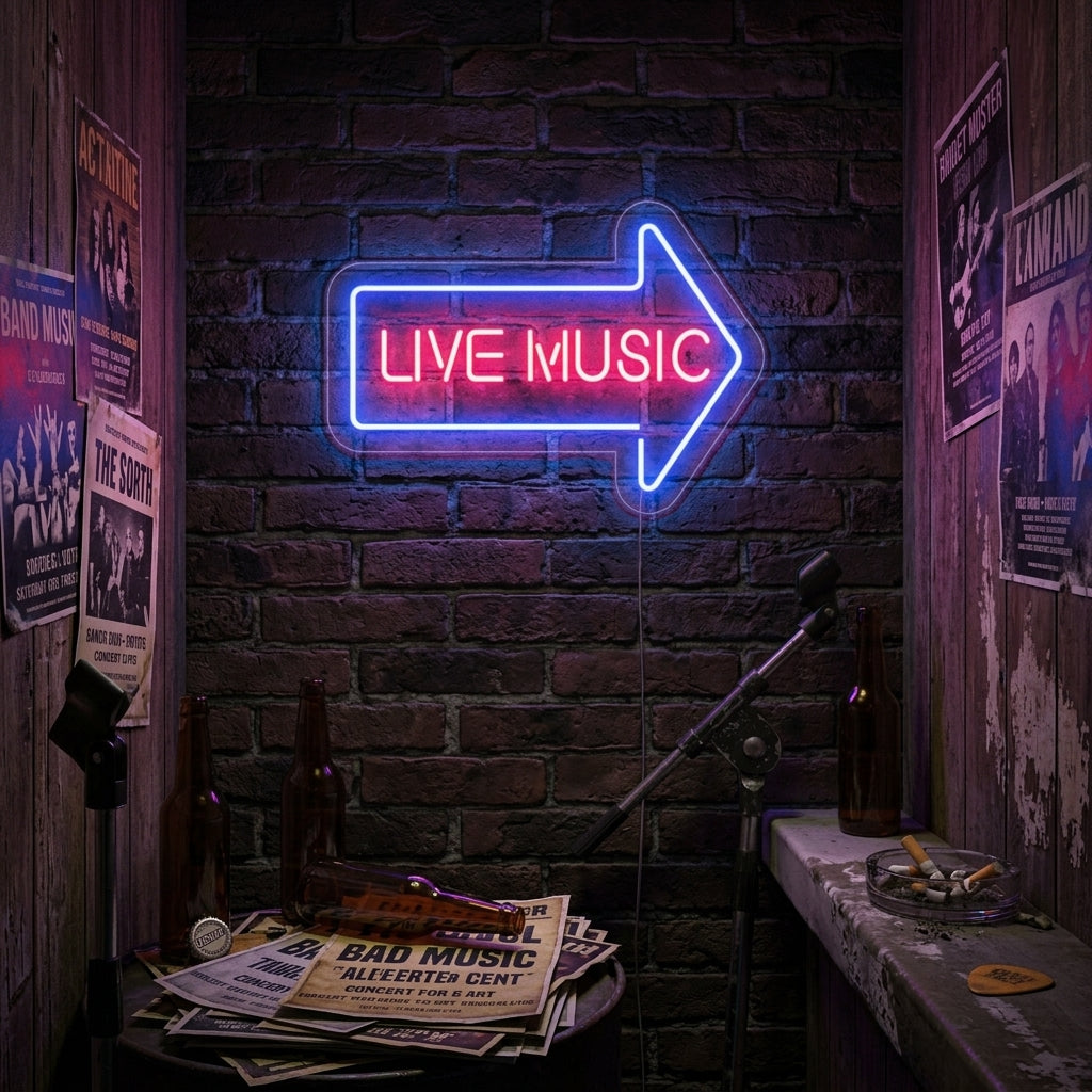 Insegna al neon LED con scritta “Live Music” e freccia blu.