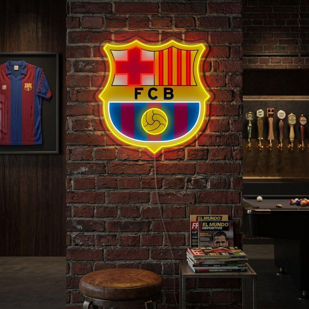 Insegna neon logo FC Barcelona giallo e blu
