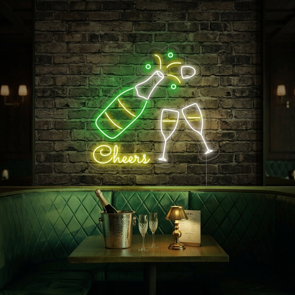 "Bottiglia Di Champagne, Flûtes Di Champagne, Cheers" Insegna al neon