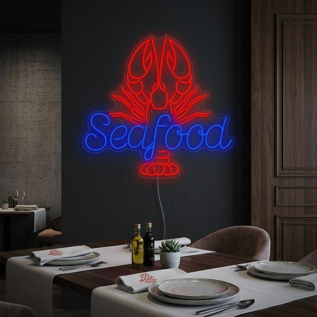 Insegna neon LED Seafood con gambero rosso