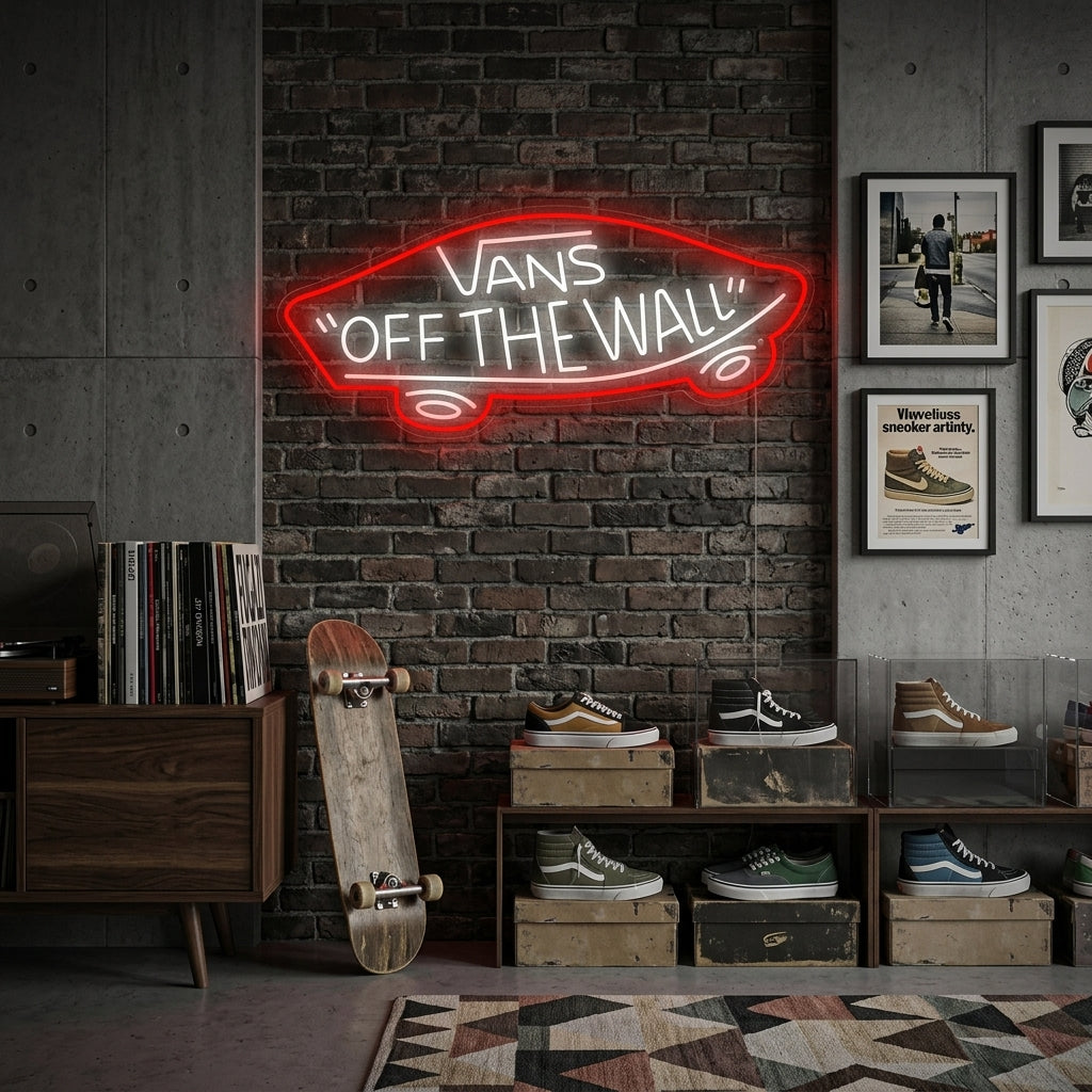 Insegna al neon LED Vans Off The Wall con forma di skateboard