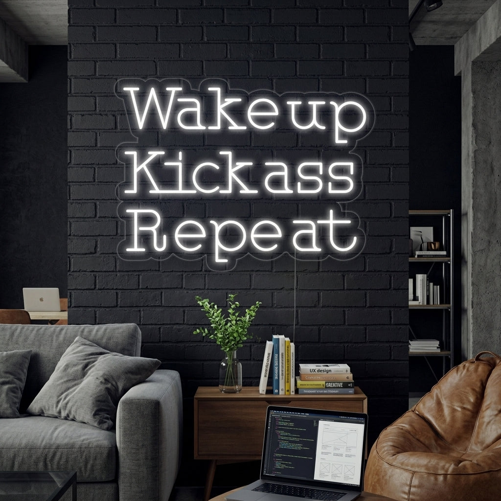 "Wake Up Kick Ass Repeat" Insegna al neon