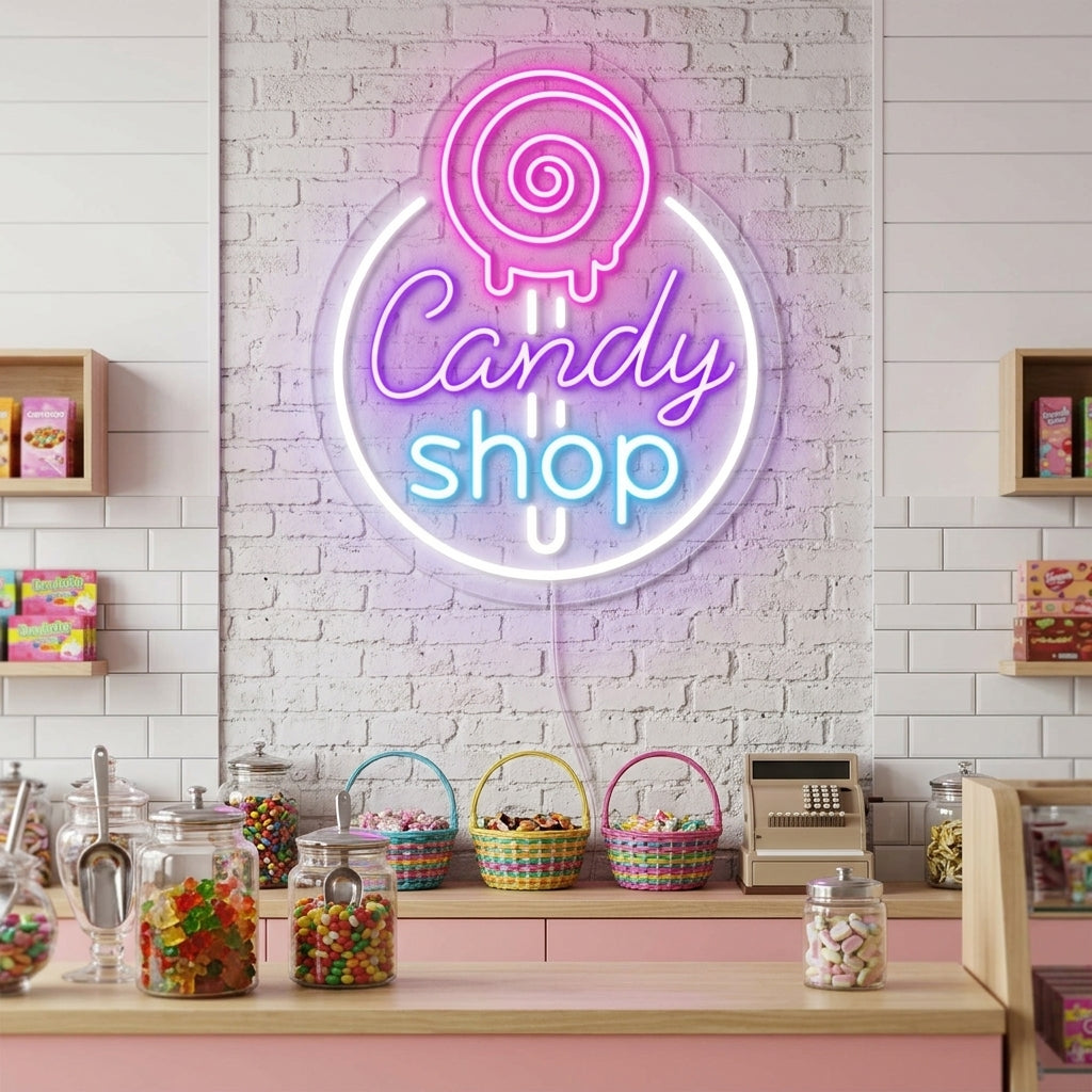 "Candy Shop, Logo Negozio Di Caramelle" Insegna al neon
