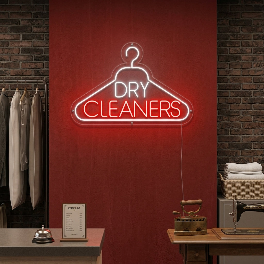 "Lavanderia, Dry Cleaners" Insegna al neon