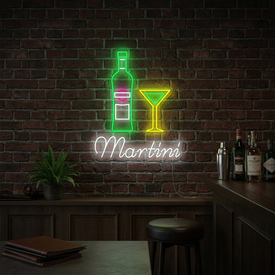 Insegna neon bottiglia e bicchiere Martini con testo