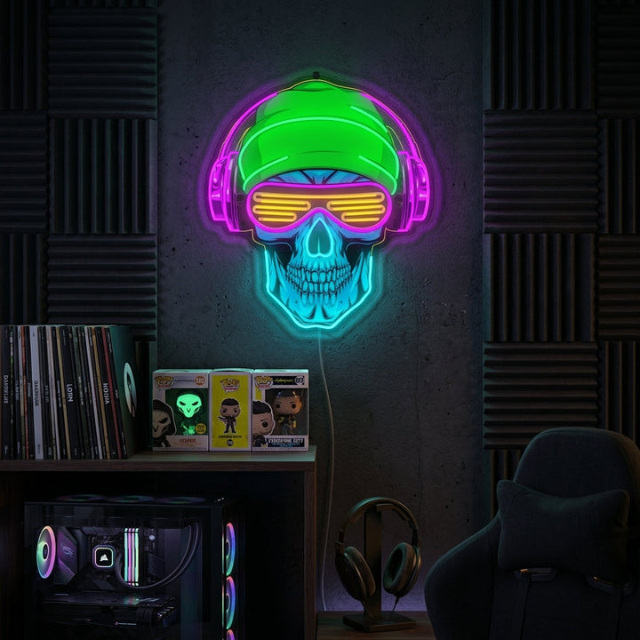 "Teschio con cuffie" Insegna al neon