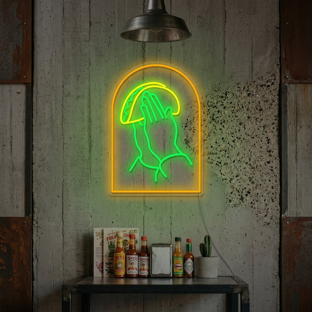 "Mani in preghiera con tacos" Insegna al neon