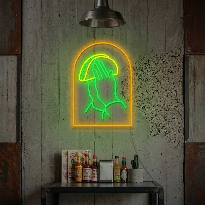 "Mani in preghiera con tacos" Insegna al neon