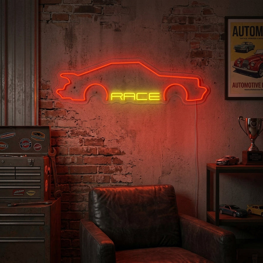 Insegna al neon LED silhouette auto sportiva con scritta RACE