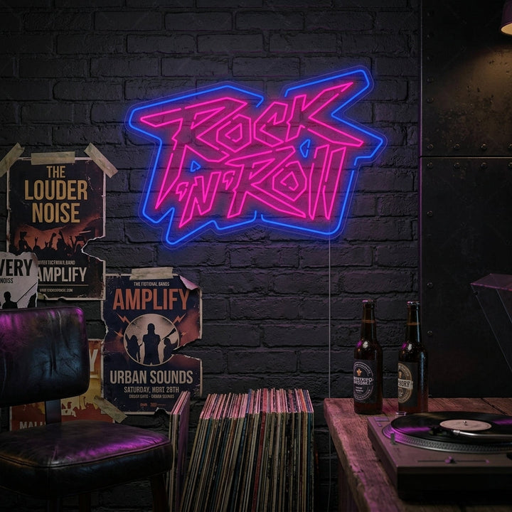 Insegna neon LED con scritta Rock ’n’ Roll rosa e blu