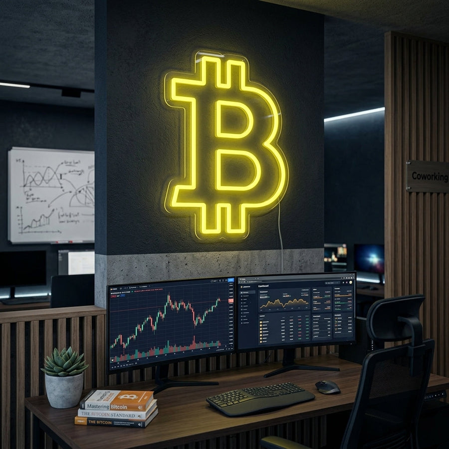 Insegna neon LED logo Bitcoin giallo