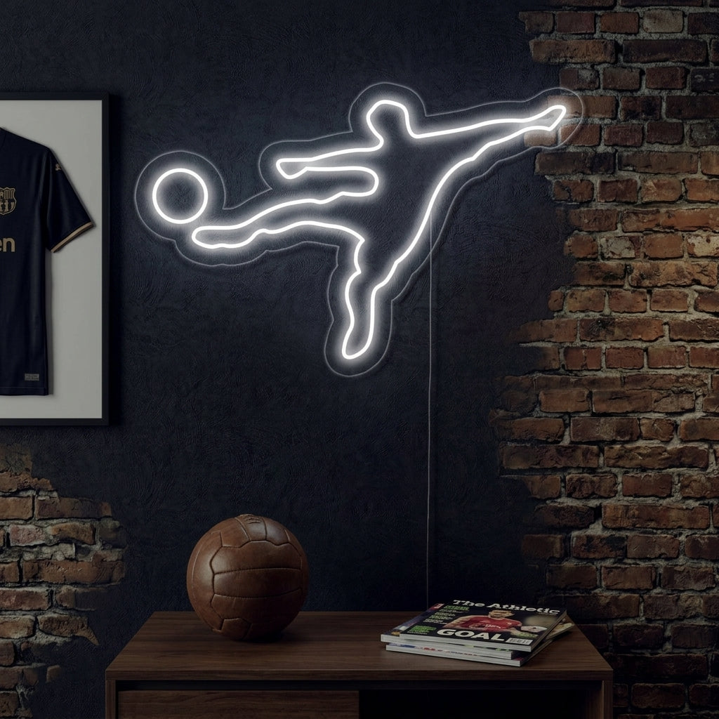 Insegna al neon LED silhouette giocatore calcio in rovesciata