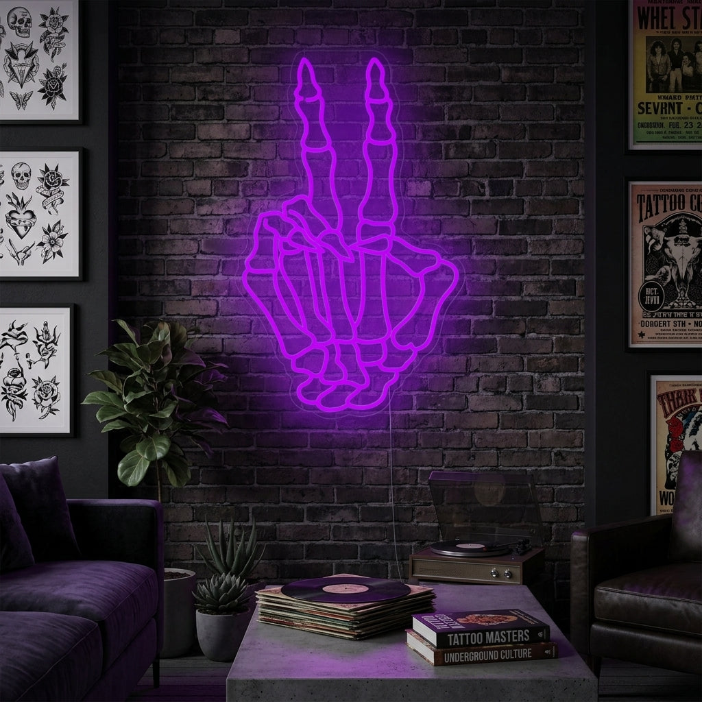 "Mano Scheletro Con Gesto Di Pace" Insegna al neon