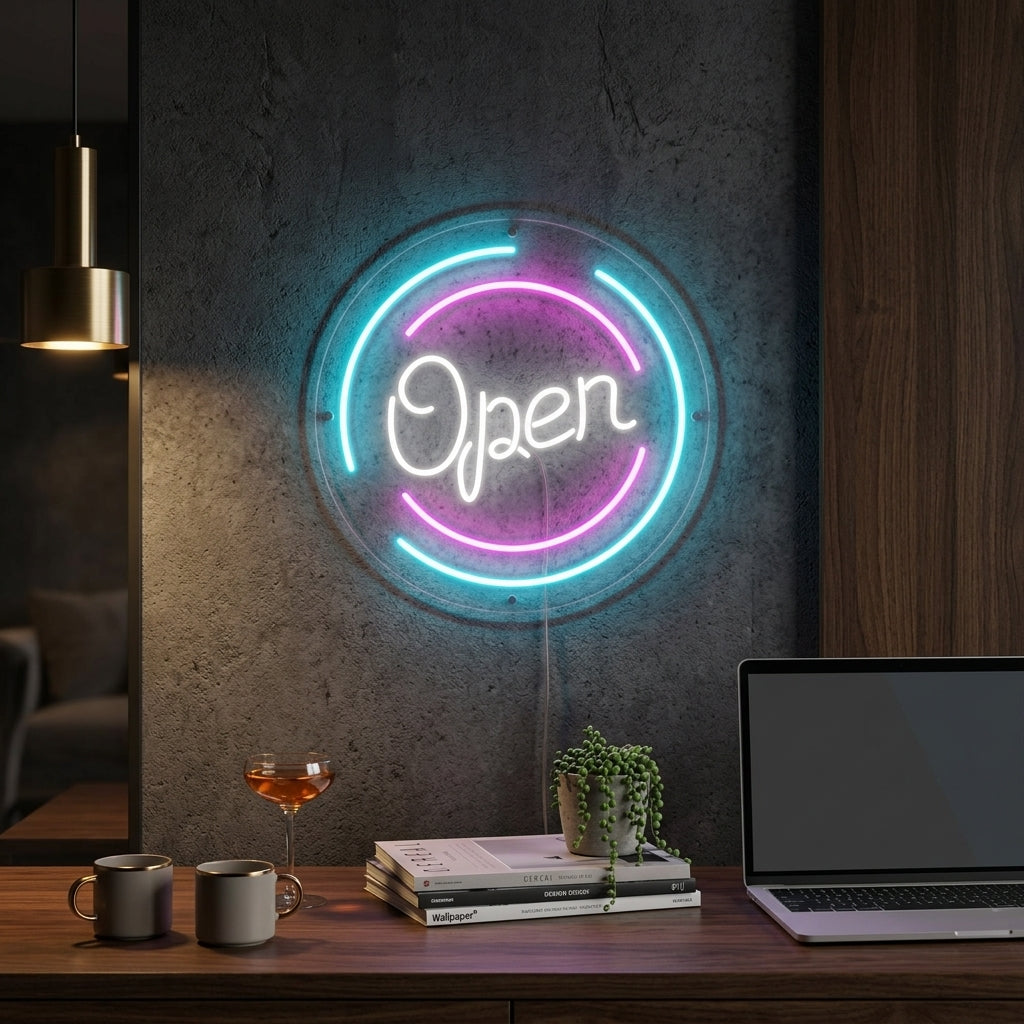 "Scritta Open In Cerchio" Insegna al neon