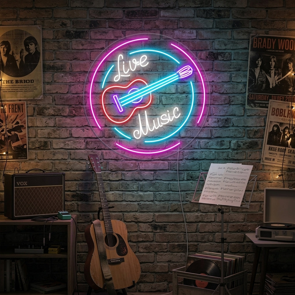 "Live Music, chitarre" Insegna al neon
