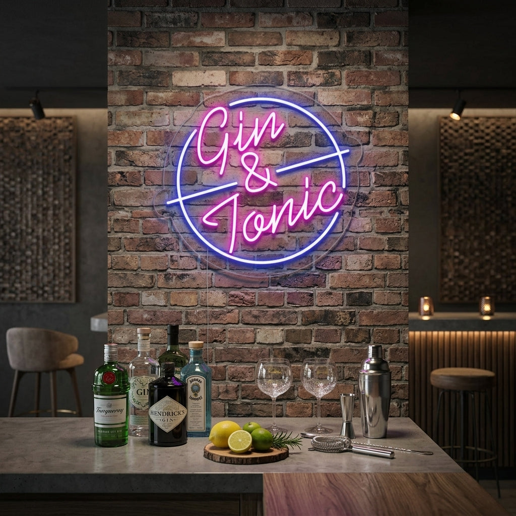 Insegna neon LED con la scritta “Gin & Tonic” in colori rosa e blu