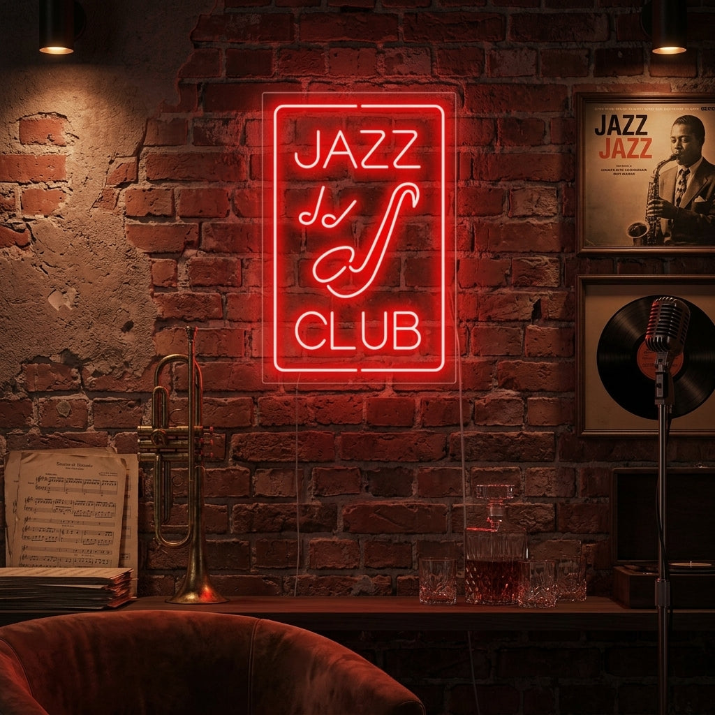 Insegna al neon LED rossa con scritta “Jazz Club” e icona sassofono.