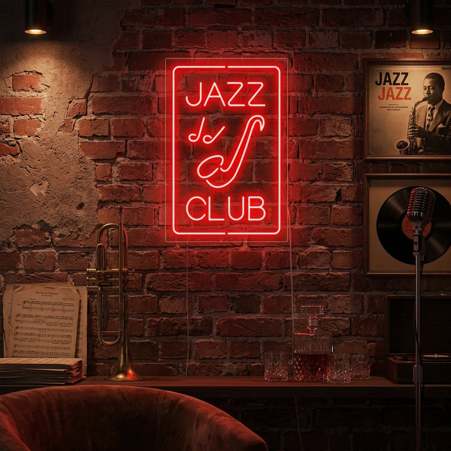 Insegna al neon LED rossa con scritta “Jazz Club” e icona sassofono.