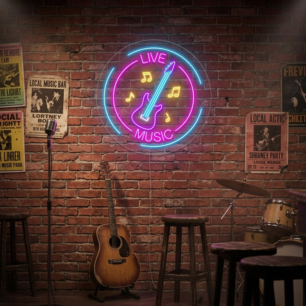 "Live Music, Note Musicali, Chitarra" Insegna al neon