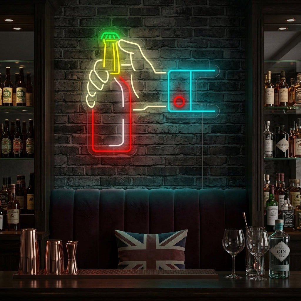 "Mano che apre la bottiglia di birra" Insegna al neon